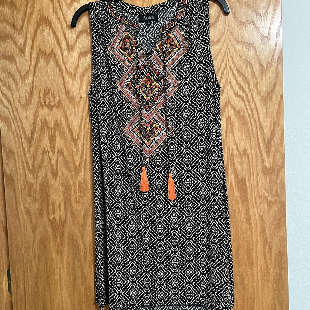 Papillon  Black and Orange Patterned Dress- Mid Thigh Dress